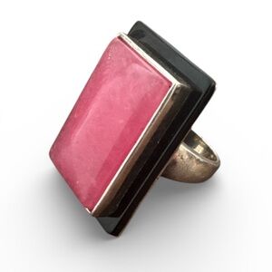 Pink Rectangular Ring Glass Pendant Over Black - Size 9